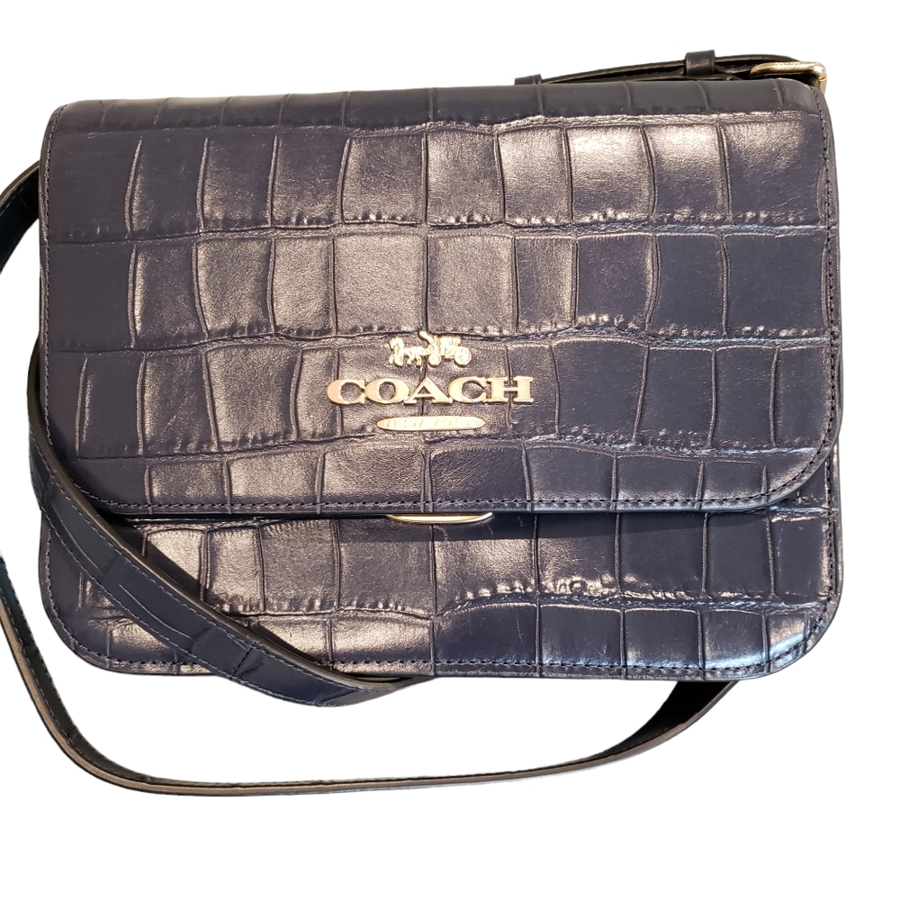 NEW Coach Brynn Navy Blue Croc Embossed Leather Flap Adjustable Shoulder Bag NWT